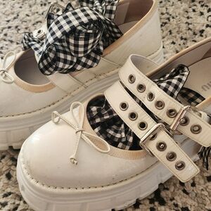 Miu Miu Maryjane White Platform Shoes with Black Gingham Ankle Ribbons